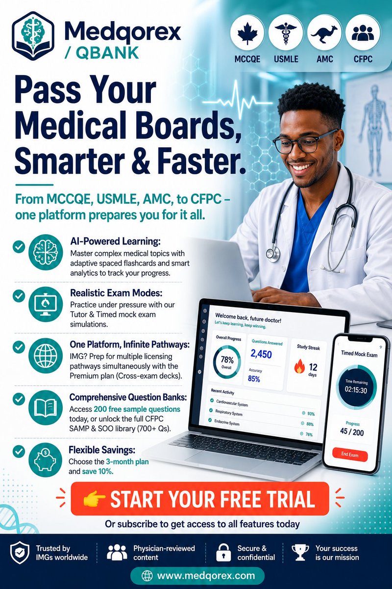 medqorex's tweet photo. Memorizing facts won't pass the TDM. 
Reasoning through them will🧠

Medqorex gives you the "why" behind every answer not just the right one.

🎁 First mock exam FREE
👉 https://t.co/PB2iWLaVbY
📧 info@medqorex.com
#TDMExam #MCCQE #IMG #ClinicalReasoning https://t.co/rUya6Z0kd8