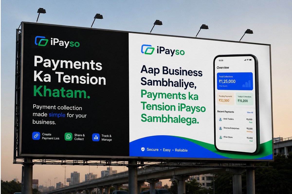 iPaysoHQ's tweet photo. We’re building a smarter way for businesses to collect, track, and manage payments so you can focus on your business while iPayso handles the payment tension.

Aap business sambhaliye. Payments ka tension iPayso sambhalega.

#iPayso #Fintech #Payments #Startup #SmallBusiness https://t.co/MvfbN0SPJO