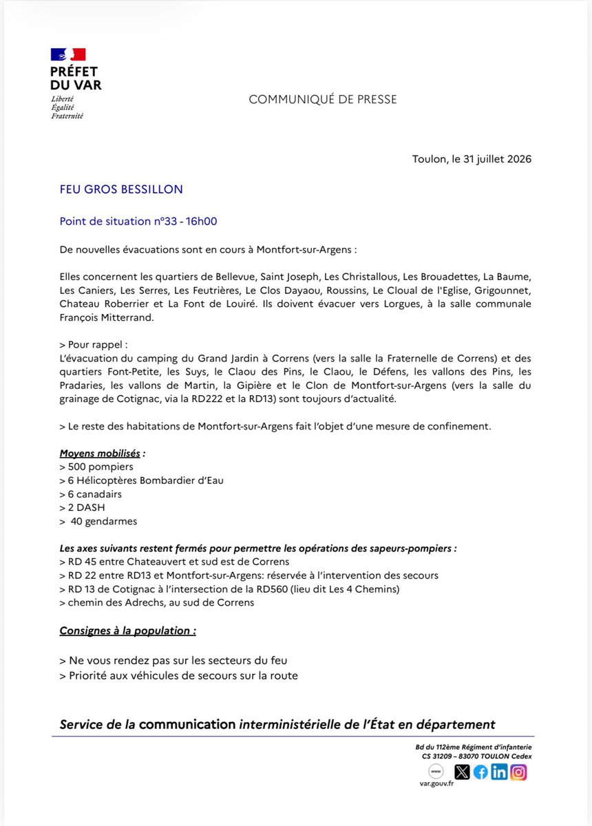 Prefet83's tweet photo. #Feu #GROSBESSILLON | Vendredi 31 juillet - 16H00
✔️ Point de situation
> Renforts aériens
> Nouvelles évacuation sur Montfort-sur-Argens https://t.co/59GrXhfGUH