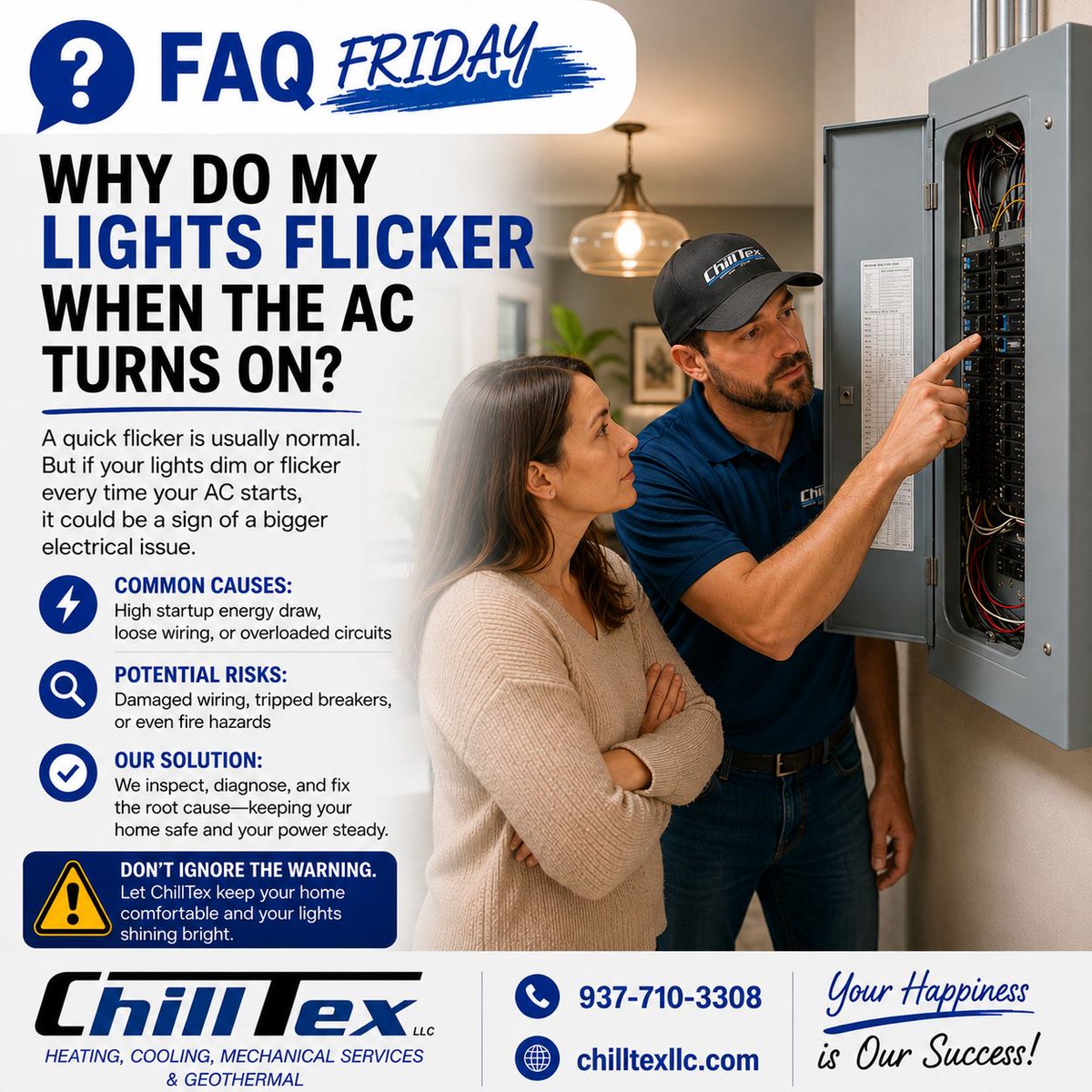 ChillTexHVAC's tweet photo. 💡❄️ FAQ Friday: Why do my lights flicker when the AC turns on? A quick flicker is often normal. But repeated dimming or flickering could signal an electrical issue. Don't ignore the warning—let ChillTex diagnose the problem! 📞 937-710-3308 🌐 https://t.co/ysubZyFqhr #FAQFriday https://t.co/qDsNDRw7Dx
