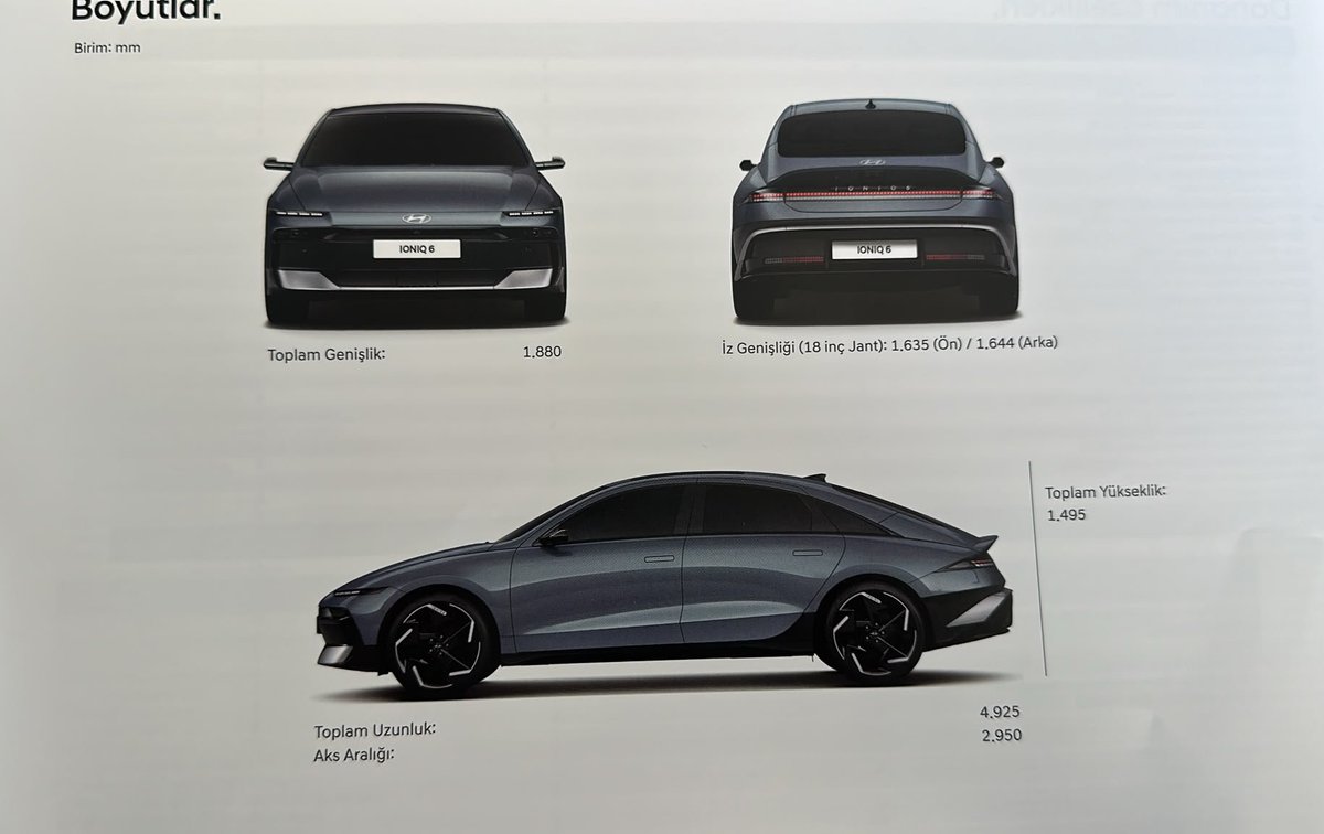 acarzeyd's tweet photo. Yeni Hyundai IONIQ 6 (2026) Teknik Özellikler

Fiyat 5 Ağustos 2026 Tarihinde, olası bir matrah değişikliği olmazsa

🔹 63 kWh Batarya (Advance)
• Motor Gücü: 125 kW (170 PS)
• Tork: 350 Nm
• 0-100 km/s: 8,3 sn
• WLTP Karma Menzil: 521 km
• WLTP Şehir İçi Menzil: 734 km
• Tüketim: 13,4 kWh/100 km

🔹 84 kWh Batarya (Progressive)
• Motor Gücü: 160 kW (218 PS)
• Tork: 350 Nm
• 0-100 km/s: 7,4 sn
• WLTP Karma Menzil: 680 km
• WLTP Şehir İçi Menzil: 869 km
• Tüketim: 13,5 kWh/100 km

🔹 Şarj Özellikleri
• 11 kW AC dahili şarj cihazı
• %10-80 DC 50 kW: 60 dk (63 kWh) / 80 dk (84 kWh)
• %10-80 DC 350 kW: 18 dk
• 800V E-GMP mimarisi

🔹 Boyutlar
• Uzunluk: 4.925 mm
• Genişlik: 1.880 mm
• Yükseklik: 1.495 mm
• Aks Mesafesi: 2.950 mm

🔹 Bagaj
• Ön Bagaj (Frunk): 45 litre
• Arka Bagaj: 401 litre

@acarahmethakan