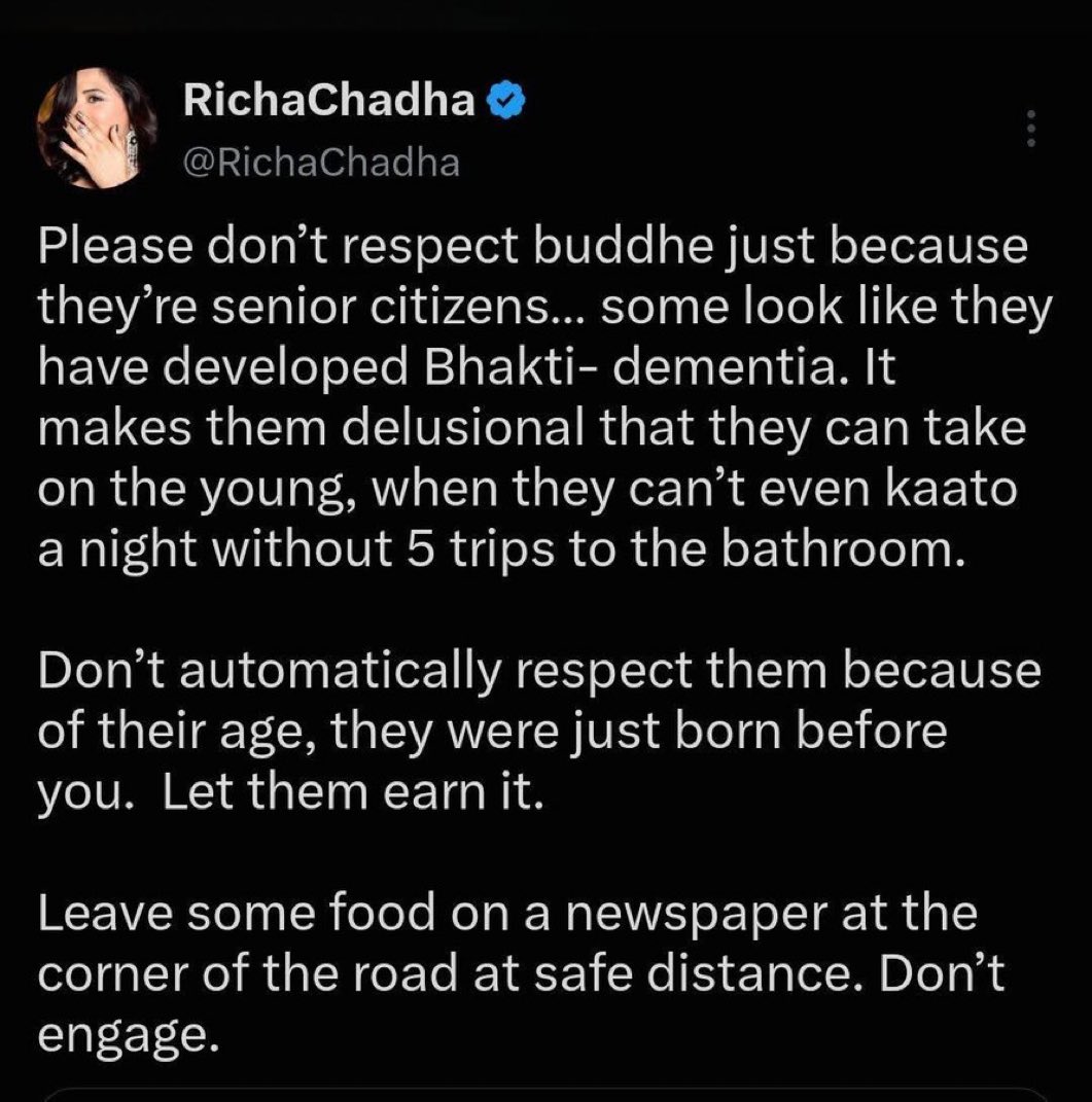 ShefVaidya's tweet photo. A 40 year old actress past her prime wants to ‘leave food out on a newspaper’ for the elderly. In another 20 years, when she is 60 plus and living in a house smelling of cats,  full of ziplock bags, @RichaChadha will realise that her Karma is so bad, that no one will offer her even that courtesy!