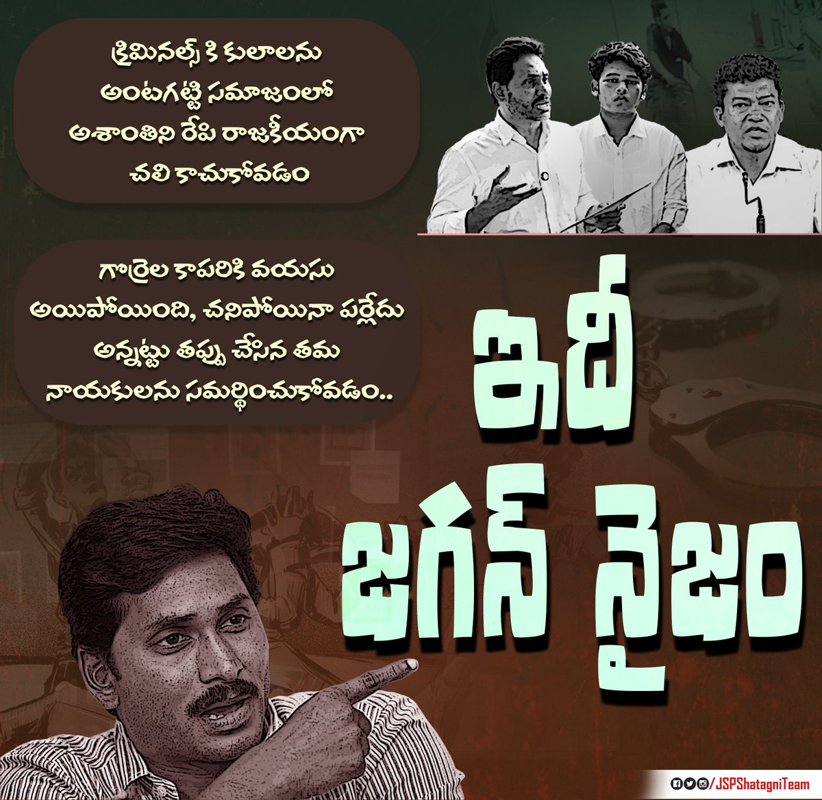 JanaSenaParty's tweet photo. క్రిమినల్స్ కి కులాలను అంటగట్టి రాజకీయం చెయ్యడం.

తప్పు చేసిన తనవారిని వింత వింత కారణాలు చెప్పి సమర్థించడం.

ఇదే @ysjagan నైజం.

#YSRCriminalParty https://t.co/Yjl89t1VBM