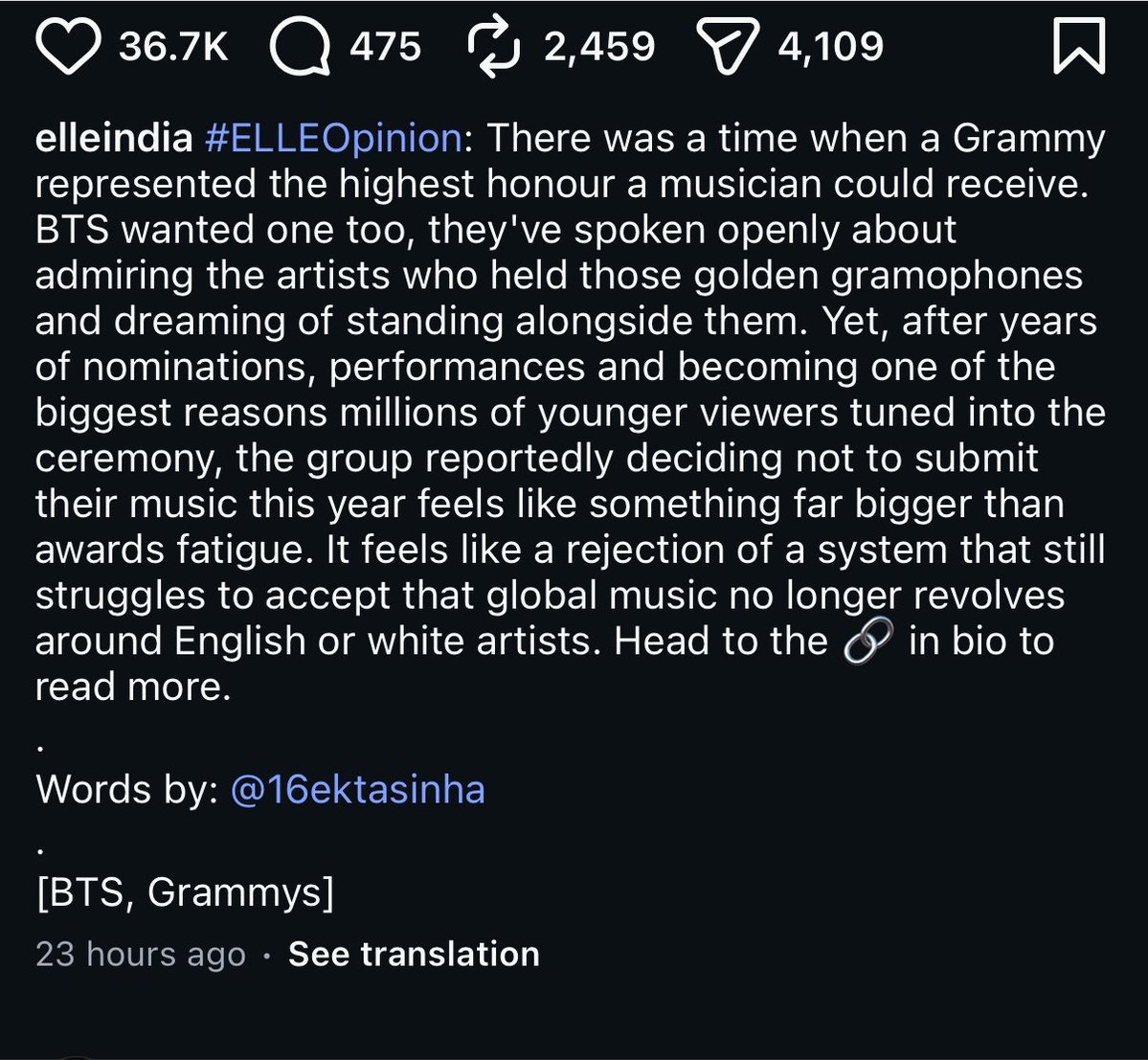 mintforgloss's tweet photo. Elle India on Instagram: 

“Nobody buying tickets in Los Angeles, London, São Paulo or Paris is asking whether BTS deserve to compete in an Asian category before they deserve a global one. Those stadiums are filled with fans from dozens of nationalities, many of whom don't speak Korean beyond the lyrics theyve lovingly memorised.

Creating more categories based on language or geography feels like a step backwards rather than forwards.
British artists, Canadian artists,
Australian artists and American artists, all predominantly making English-language music, have always competedtogether inthe
Grammys' biggest categories.

When an artist reaches that level of cultural influence, the question is no longer, "Why don't they have a Grammy?" It's honestly, "Why does the Grammys still need to convince the world it can recognise artists like BTS?"”

APPLAUSE, APPLAUSE, APPLAUSE!!! 👏 This is such a powerful statement

#ArtHasNoAliens 
ART HAS NO ALIENS
