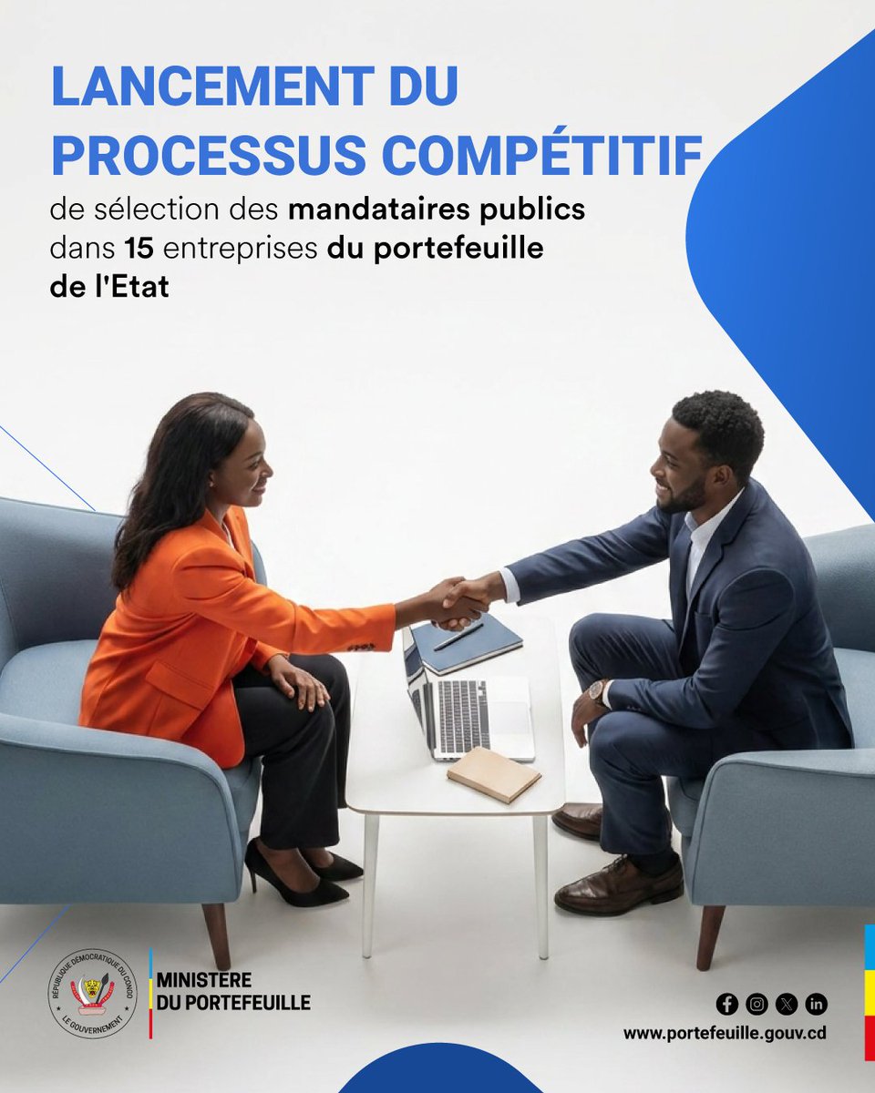 portefeuille_cd's tweet photo. #RDC | APPEL PUBLIC À CANDIDATURES

Le Ministère du Portefeuille rappelle que l'appel public à candidatures pour les fonctions de mandataires publics au sein des entreprises du Portefeuille de l'État est ouvert.

Les personnes intéressées sont invitées à prendre connaissance de l'avis d'appel public à candidatures ainsi que des fiches de mandat, puis à soumettre leur dossier dans le délai imparti.
🌐 Plus d'informations : https://t.co/gICNG1hl7h

📄 Consultez l'avis d'appel public à candidatures : ⤵️ https://t.co/z9Vptu4ttR

🖥️ Accédez directement à la plateforme de dépôt des candidatures : ⤵️ https://t.co/fJzIlkYHEV

⏳ Clôture des candidatures : 14 août 2026 à 23h59 (Heure de Kinshasa)