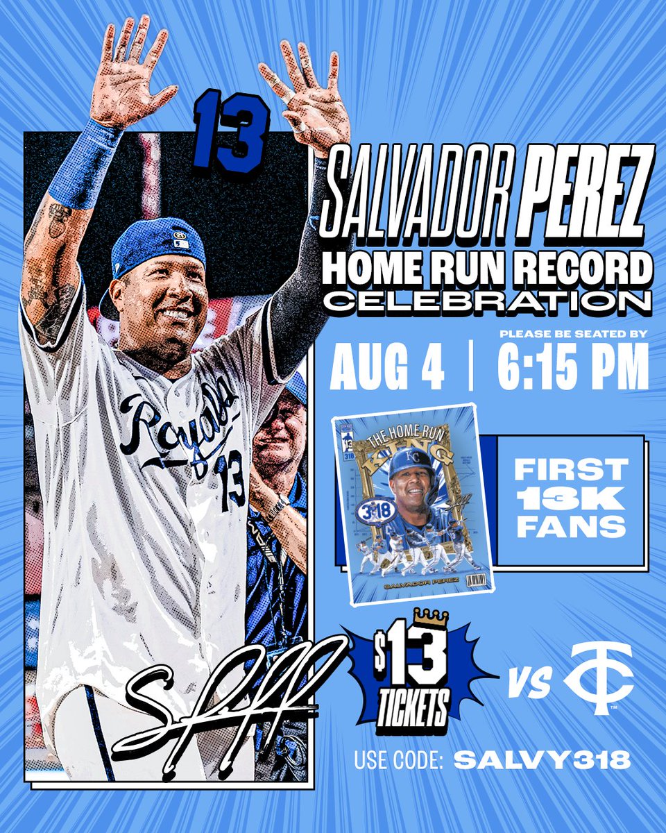 Royals's tweet photo. Join us on Tuesday, August 4, as we recognize our franchise Home Run King, Salvador Perez, with a pregame celebration! 

The first 13,000 fans in attendance will receive a Salvador Perez Home Run King poster; score $13 tickets when you use code SALVY318!

https://t.co/6mlBrMI6fJ https://t.co/VTOfIhTJOa