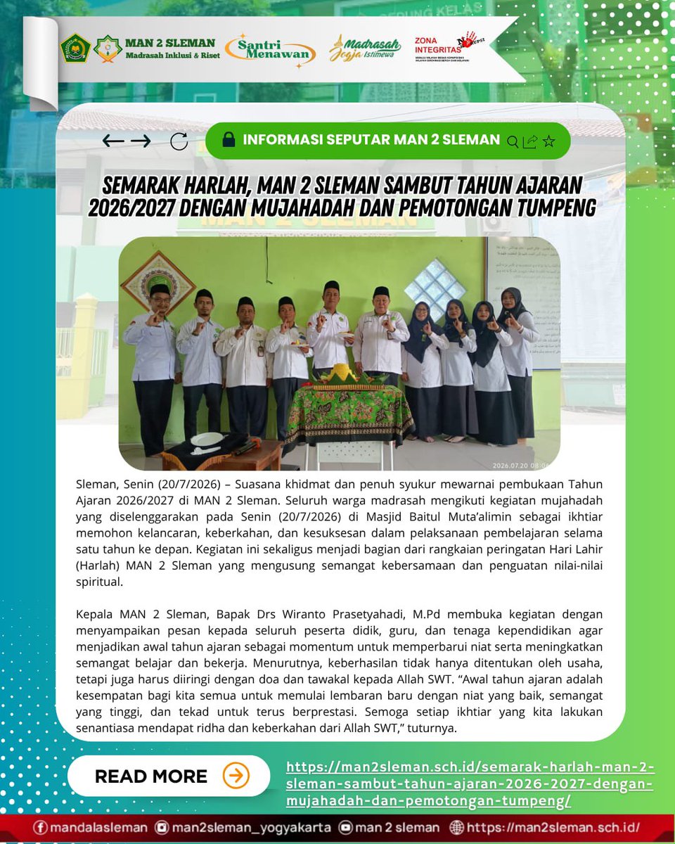 MAN2Sleman2's tweet photo. 📰Semarak Harlah, MAN 2 Sleman Sambut Tahun Ajaran 2026/2027 dengan Mujahadah dan Pemotongan Tumpeng✨

Baca berita selengkapnya di https://t.co/RQG1nljWBu
#BeritaMAN2Sleman https://t.co/HbslhPg9Di