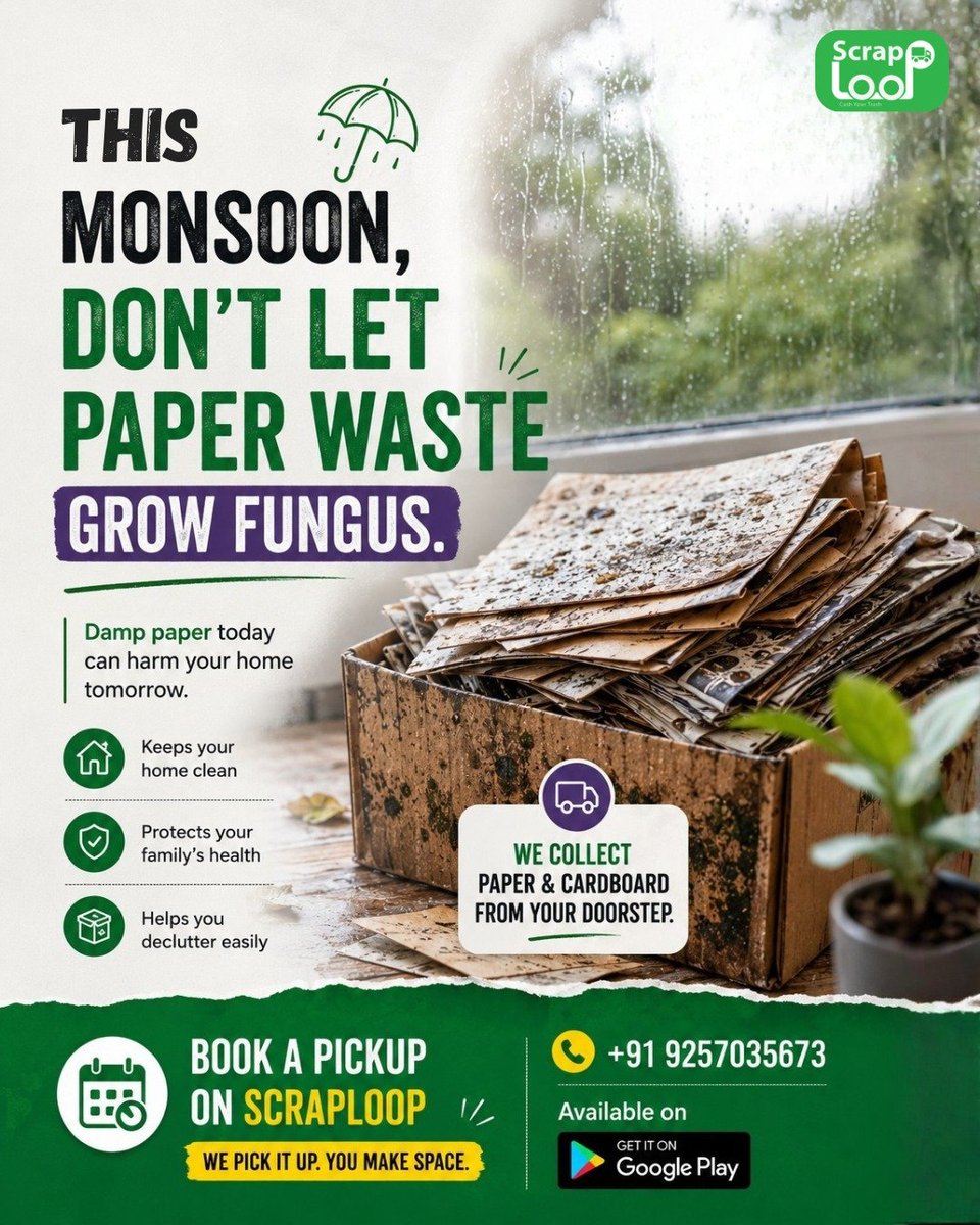 scraploop's tweet photo. 🌧️ This monsoon, don't let your paper waste turn into a bigger problem. 📦

📞 Get in touch with us:
📱 Call: +91 9257035673
✉️ Email: outreach@wevois.com

📥 Available now on the Google Play Store.
.
.
#ScrapLoop #PaperRecycling #DoorstepScrapPickup https://t.co/i5XiqgM6oP