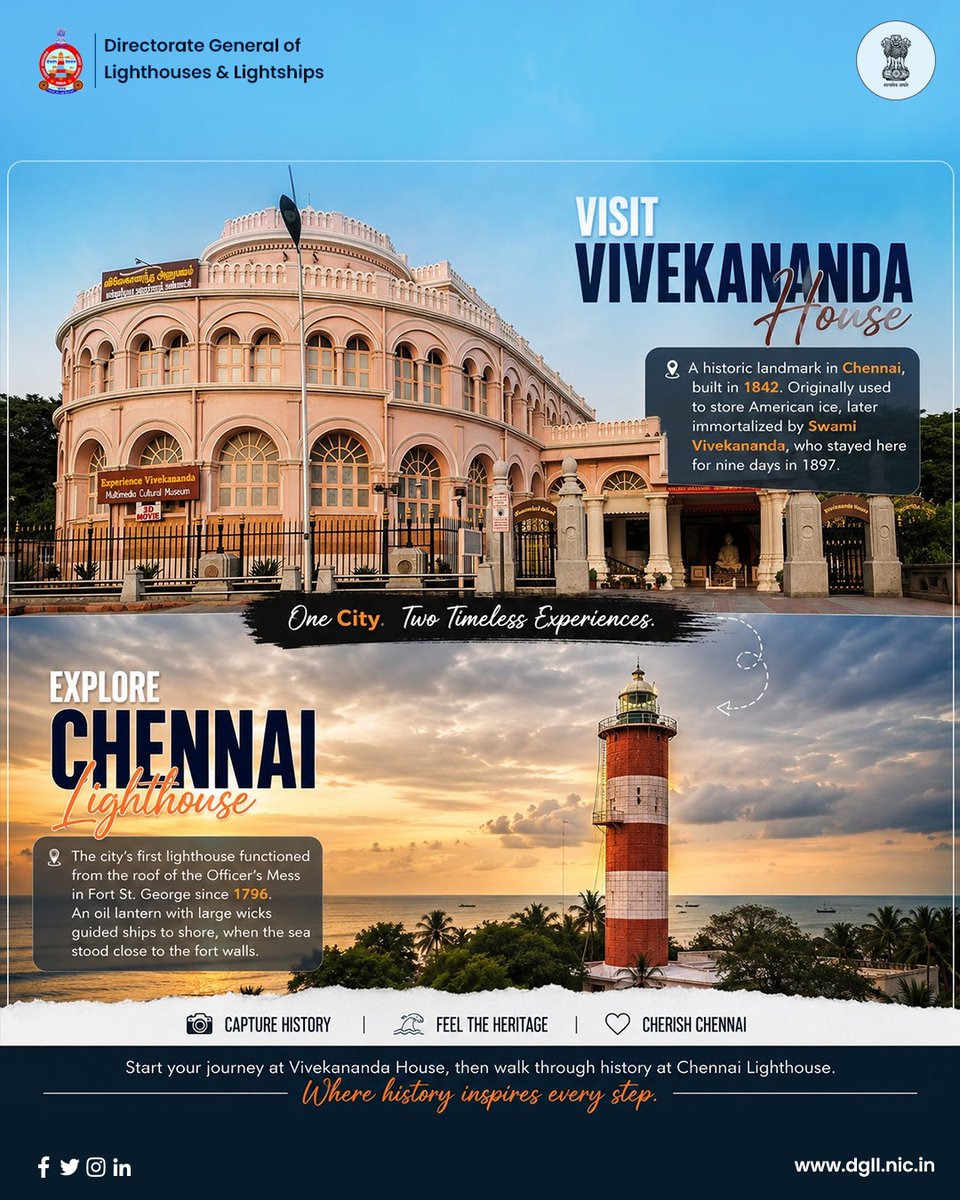 dgll_india's tweet photo. Discover the timeless charm of Vivekananda House and witness breathtaking coastal views from Chennai Lighthouse—two iconic landmarks, one unforgettable journey.
#Chennai #ChennaiLighthouse #VivekanandaHouse #LighthouseTourism #DGLL #ExploreTamilNadu https://t.co/eJs0qHzr8a