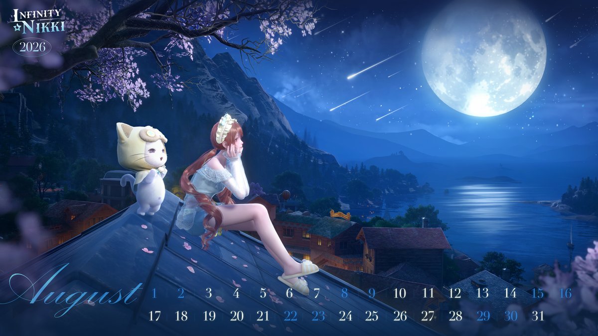 InfinityNikkiEN's tweet photo. ♾INFINITY | Whimsical Treasure
[Calendar for August 2026] ✨
A gentle fan scatters stars across the sky, and cicada song melts into the evening breeze.
We climb to the rooftop with the night wind at our shoulders. Looking up, we find stars streaming toward us from light-years away.

Dear stylists, the August 2026 calendar has arrived.
May this summer night bring you a quiet moment of cool air and cherished company.
Whatever star catches your gaze, may it glow just for you.

——
➤ Infinity Nikki Version 2.8 Golden Dust is now live worldwide!
➤ Download Now: https://t.co/soaPebzlY9
➤ Join us on Facebook Group: https://t.co/rabLOeX3ac
#InfinityNikki
#GoldenDust
#GoldenCity