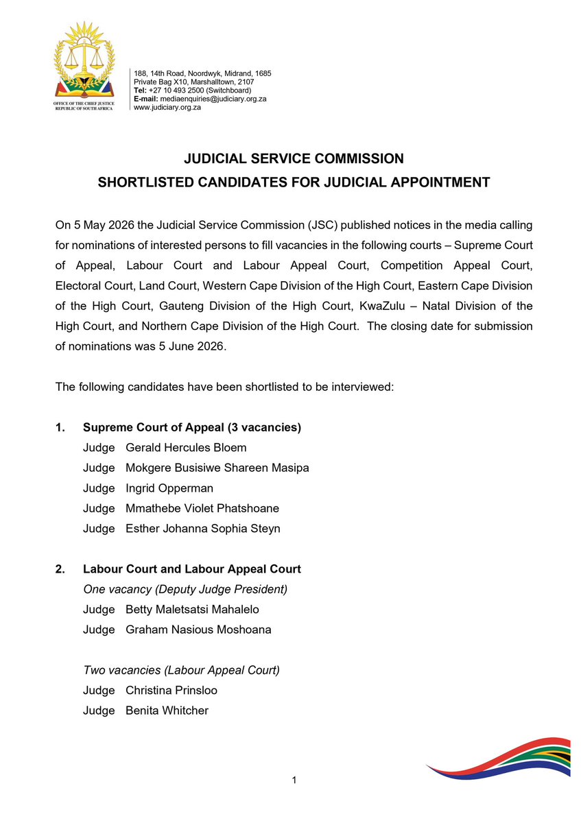 OCJ_RSA's tweet photo. 31 July 2026

Judicial Service Commission 

The Judicial Service Commission (JSC) has released the list of shortlisted candidates for judicial vacancies in the Superior Courts ahead of the October 2026 interviews. 

Comments on the shortlisted candidates must reach the JSC Secretariat by 11 September 2026. Details of the interview dates and venue will be communicated in due course. 

#JSC #JudiciaryRSA #OCJ_RSA