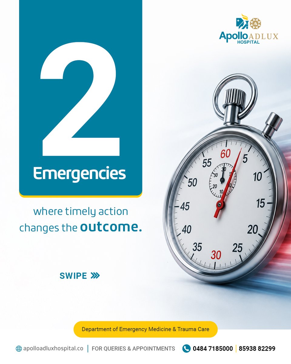 ApolloAdlux's tweet photo. In an emergency, every second counts.
A heart attack or stroke can look like something minor, but waiting can cost precious time. Knowing the warning signs and acting immediately can save a life.

24×7 Emergency Medicine &amp; Trauma Care
📍 Apollo Adlux Hospital, Angamaly
DIAL: 1066 https://t.co/Dzbvb01ADS