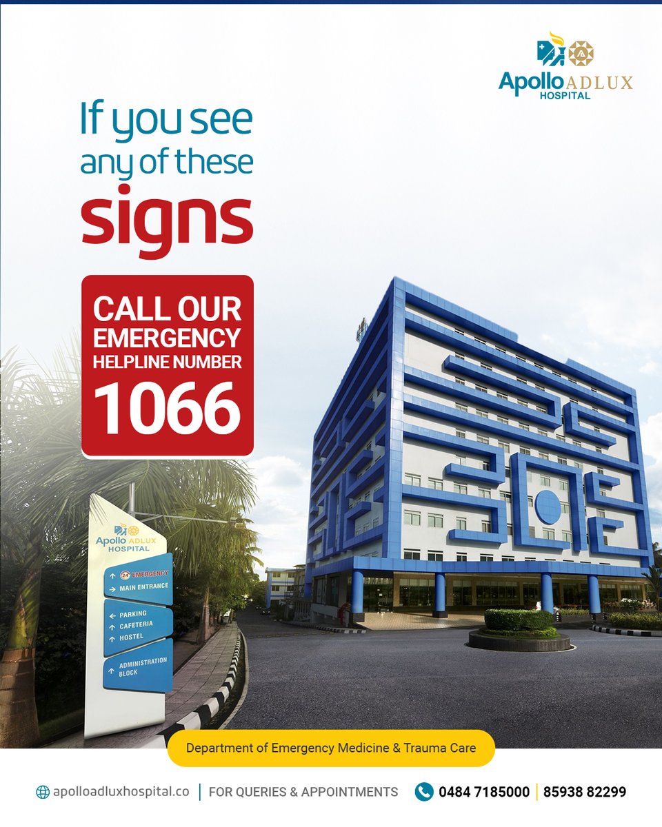 ApolloAdlux's tweet photo. In an emergency, every second counts.
A heart attack or stroke can look like something minor, but waiting can cost precious time. Knowing the warning signs and acting immediately can save a life.

24×7 Emergency Medicine &amp; Trauma Care
📍 Apollo Adlux Hospital, Angamaly
DIAL: 1066 https://t.co/Dzbvb01ADS