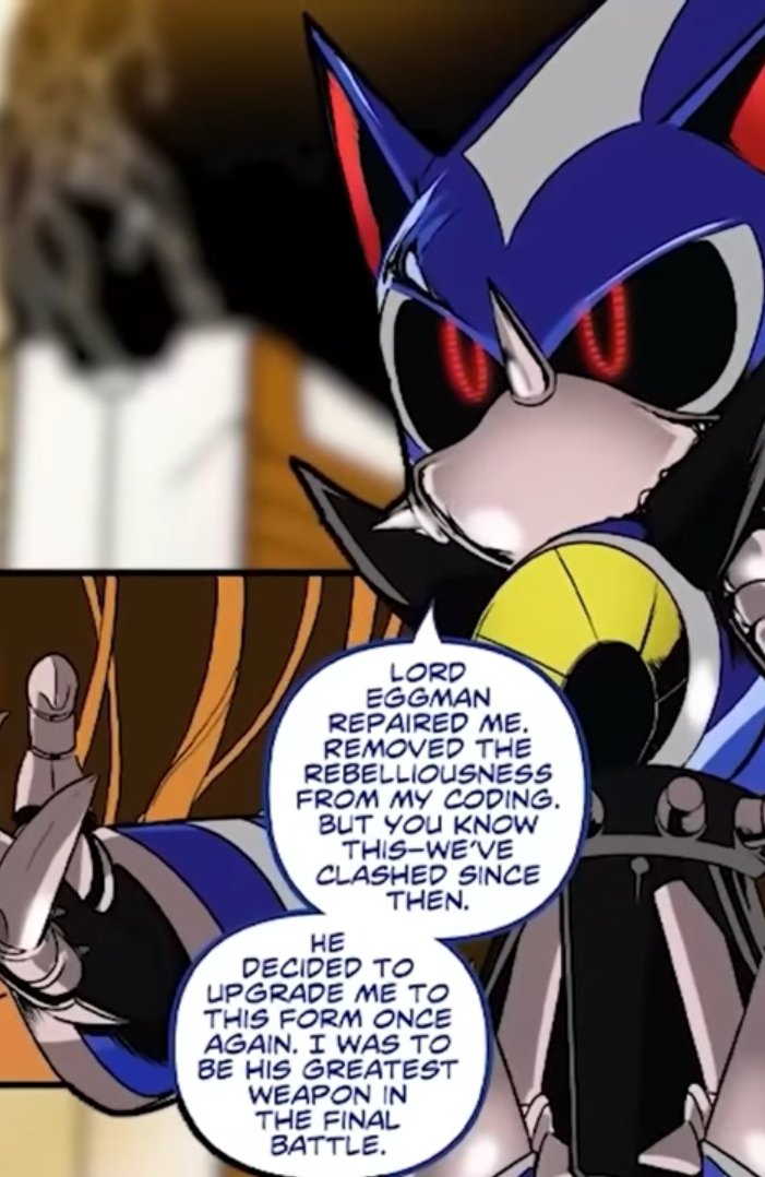 _MapleDarkshine's tweet photo. It's heartbreaking how genuinely brainwashed Neo Metal Sonic sounds in the IDW Comics

We joke enough about Eggman lobotomizing him man, this is a literal lobotomy https://t.co/9i7pZiJiCf