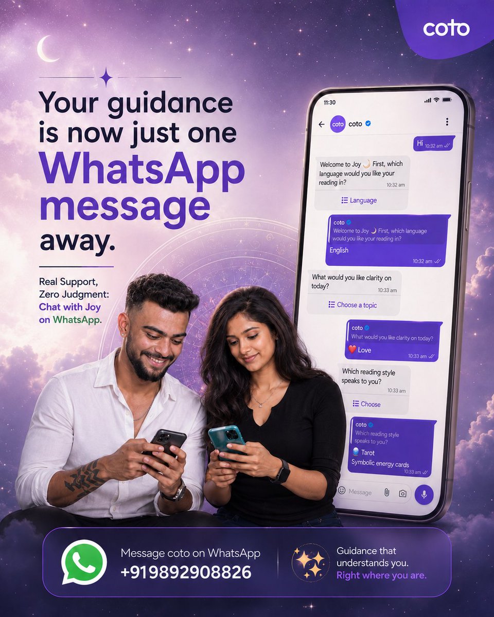cotoapp's tweet photo. Big news: You can now chat with #coto directly on #WhatsApp! 📱🔮
No apps to download. No waiting. Just instant, zero-judgment guidance for career, decisions & clarity 24/7.
Just send "Hi" to start
https://t.co/ehmsueGvTK
#JoyAI #mentalhealth #astrology #tarot #spirituality https://t.co/jpATDX136c