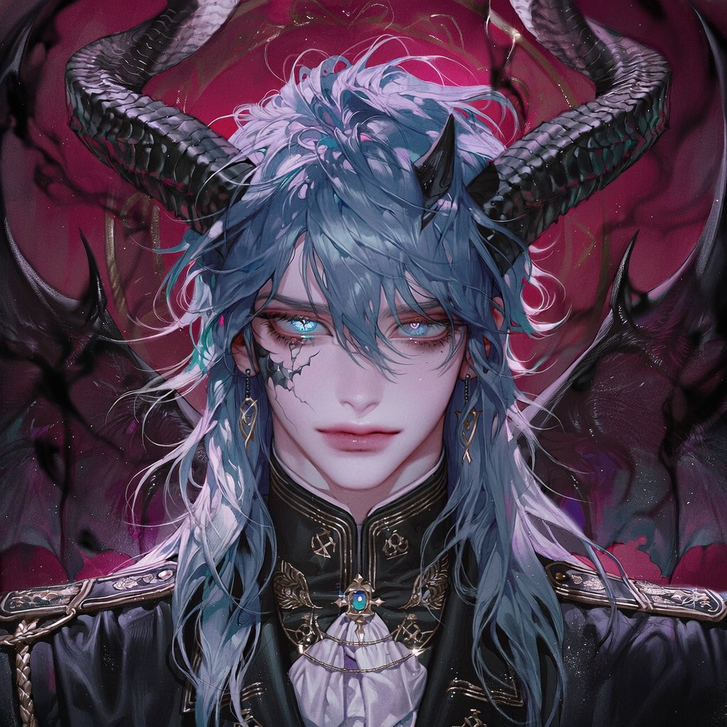 Jin_OAOa's tweet photo. 솔로몬의 72악마 랜덤뽑기 Prompt

[girl or man] solo, adult, handsome, human male, athletic build, varied hairstyle, exotic hair color,

unique hairstyle, unusual hair color, demon prince, infernal noble, gigantic demonic horns, unique horns, demonic wings, glowing eyes, unusual pupils, subtle black scales, cracked skin, ritual markings,

black royal coat, gothic military uniform, occult jewelry,

dark aura, living shadows, black smoke, crimson energy,

upper body, foreground character, camera close, centered composition, direct eye contact,

deep burgundy background, dramatic shadows, cinematic lighting, dark fantasy, otherworldly, inhuman features, mysterious anatomy, masterpiece, best quality
