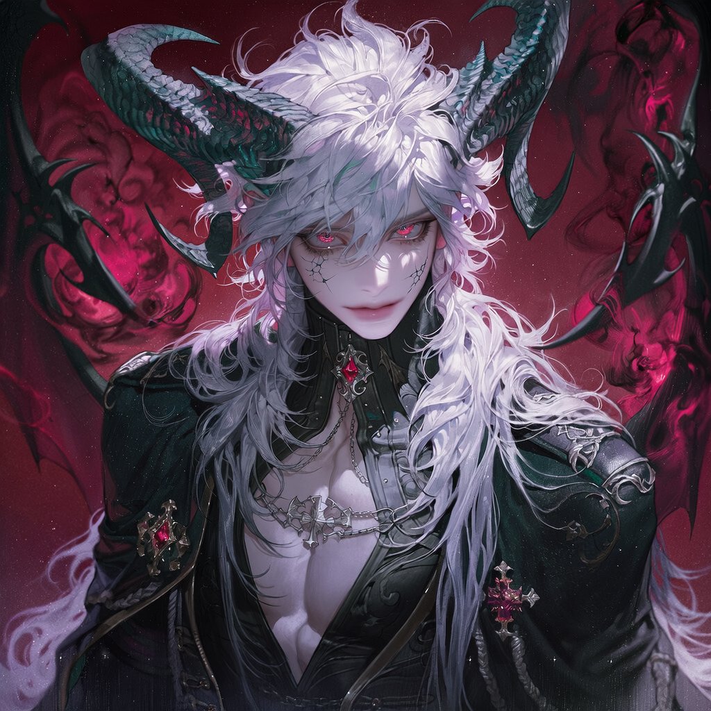 Jin_OAOa's tweet photo. 솔로몬의 72악마 랜덤뽑기 Prompt

[girl or man] solo, adult, handsome, human male, athletic build, varied hairstyle, exotic hair color,

unique hairstyle, unusual hair color, demon prince, infernal noble, gigantic demonic horns, unique horns, demonic wings, glowing eyes, unusual pupils, subtle black scales, cracked skin, ritual markings,

black royal coat, gothic military uniform, occult jewelry,

dark aura, living shadows, black smoke, crimson energy,

upper body, foreground character, camera close, centered composition, direct eye contact,

deep burgundy background, dramatic shadows, cinematic lighting, dark fantasy, otherworldly, inhuman features, mysterious anatomy, masterpiece, best quality