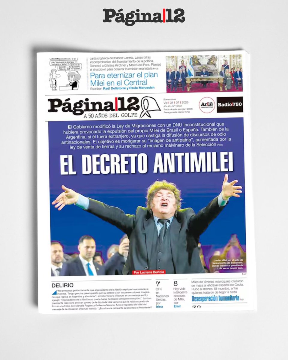 pagina12's tweet photo. EL DECRETO ANTIMILEI [https://t.co/Ztz8xgtBsv]

El Gobierno modificó la Ley de Migraciones con un DNU que hubiera provocado la expulsión del propio Milei de Brasil o España. También de Argentina, si fuera extranjero, ya que castiga la difusión de discursos de odio antinacionales. https://t.co/LG86JAgK9H