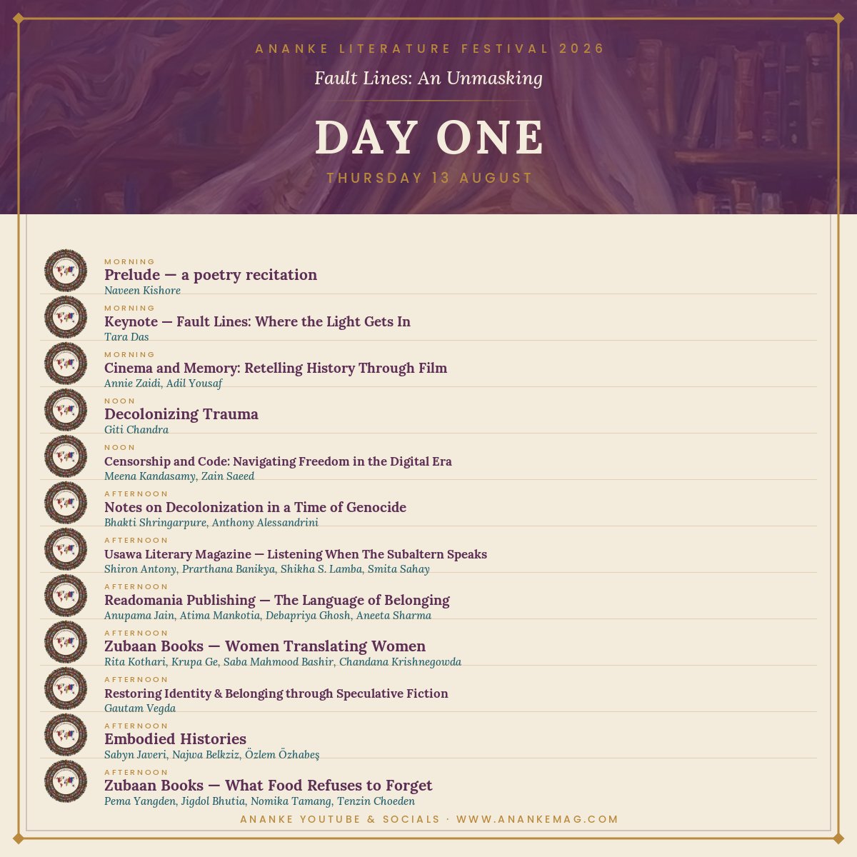 anankemag's tweet photo. AnankeLitFest 2026 | Agenda
Unveiling the agenda for day 1 Only on Ananke's YouTube channel: Handle: @anankemag4661 or the link: https://t.co/VZNaw7FvZy
@critoe @seagullbooks @anniezaidi @WARSCAPES @ZubaanBooks @IamReadomania @DMSpeaks @SabynJaveri @meenakandasamy @GautamVegda3 https://t.co/qNpTFdhIsf