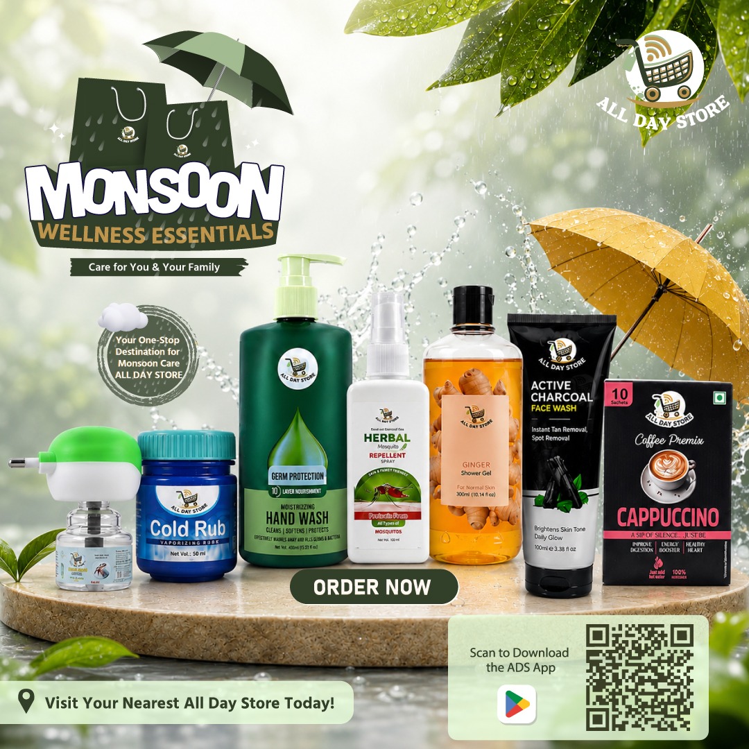 All_day_store's tweet photo. Monsoon mode: ON ☔
Protect your family from germs, mosquitoes, colds &amp; dull skin with our all-in-one Monsoon Wellness Essentials.

Order now or visit your nearest All Day Store!

#MonsoonCare #WellnessEssentials #AllDayStore #RainySeasonReady #FamilyCare #Sujitpaul #Change https://t.co/EpCnuDvAVJ