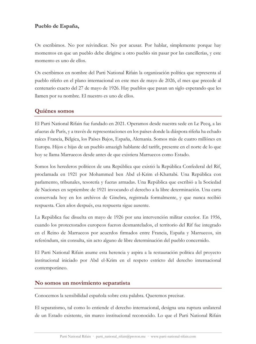 Parti_N_Rifain's tweet photo. La carta abierta del Partido Nacional Rifeño al Pueblo Español https://t.co/PWxhqzng5J