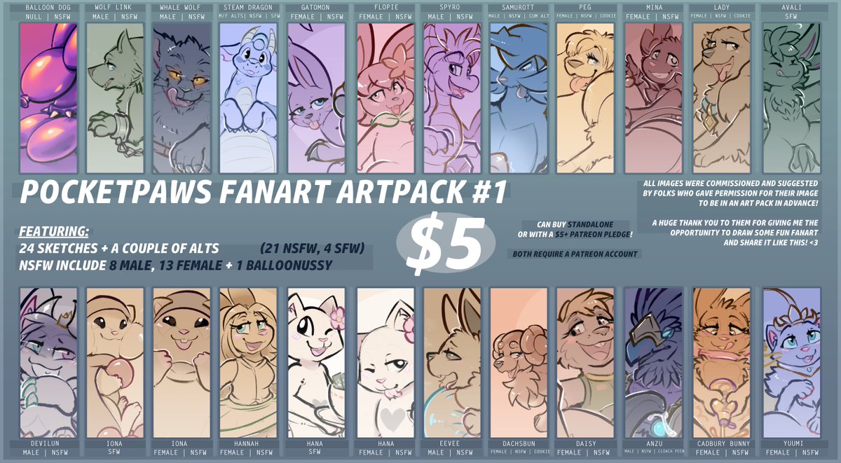 PocketPaws's tweet photo. My first artpack, woooo! ✨
https://t.co/AdGWvUBXBR

Featuring 24 sketches, not including a couple of alts
21 are NSFW and 4 are SFW :D 

You can grab it if you're: 
Pledged at $5+ on my Patreon OR you can buy it for $5 standalone with no pledge! https://t.co/7OUSlwB8Zh