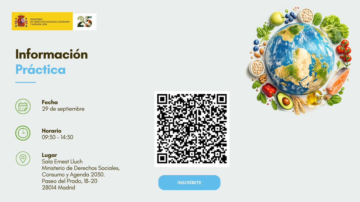 AESAN_gob_es's tweet photo. 🌍 ¿Te interesa conocer cómo se elaboran las normas internacionales en materia de seguridad y calidad alimentaria?
El próximo 29 de septiembre celebraremos la jornada:
Codex Alimentarius: Participación activa en la toma de decisiones de seguridad y calidad alimentaria a nivel internacional.
Durante la jornada se abordará el funcionamiento del Codex Alimentarius y las oportunidades de participación en los procesos internacionales de elaboración de normas alimentarias.
📅 29 de septiembre de 2026
 🕤09:30–14:30 h
 📍Sala Ernest Lluch. Ministerio de Derechos Sociales, Consumo y Agenda 2030. Madrid
📝 Inscripción:
https://t.co/ty7tPI0p3V
📄 Programa:
 https://t.co/vmbwCxTOiV
#CodexAlimentarius #SeguridadAlimentaria #CalidadAlimentaria #Consumo #Agenda2030