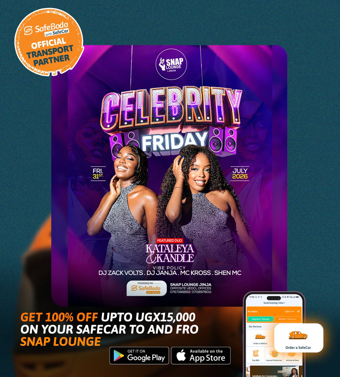 SafeBoda's tweet photo. 100% OFF your SafeCar ride to Celebrity Night! 🔥

We're getting you to 📍 Snap Lounge Jinja for FREE as Kataleeya & Kandle light up the stage TONIGHT.

Order your SafeCar, gather the squad and enjoy the party. 😎

Tap to order:
https://t.co/rY24LisHub