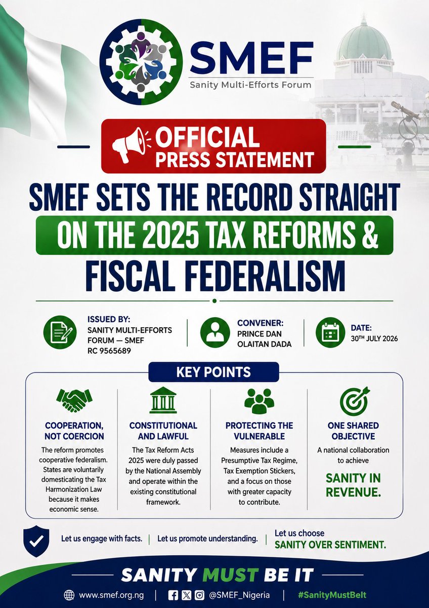 SanityMulti's tweet photo. 📢 OFFICIAL PRESS STATEMENT

SMEF SETS THE RECORD STRAIGHT ON THE 2025 TAX REFORMS &amp; FISCAL FEDERALISM

Our attention has been drawn to claims that the 2025 Tax Reforms cannot be implemented because the Constitution has not been amended.

Here are the facts. 🧵 https://t.co/BI2s9eWIw4