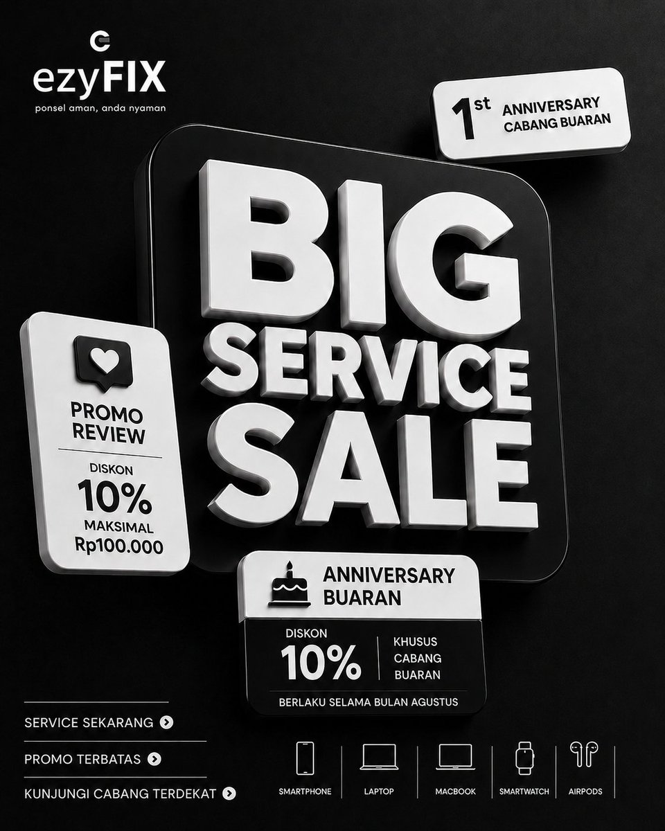 ezyFIX_Buaran's tweet photo. Sekarang saat yang tepat untuk service perangkatmu!

🎉 BIG SERVICE SALE – Anniversary ezyFIX Buaran
✅ Diskon hingga 10% (maks. Rp100.000)
✅ Teknisi profesional
✅ Garansi service
✅ Proses transparan

Untuk Info Lebih Lengkap Boleh Klik Link Di Bio!!
#bigsale #promosi #ezyfix https://t.co/BWZ3XbJMFJ
