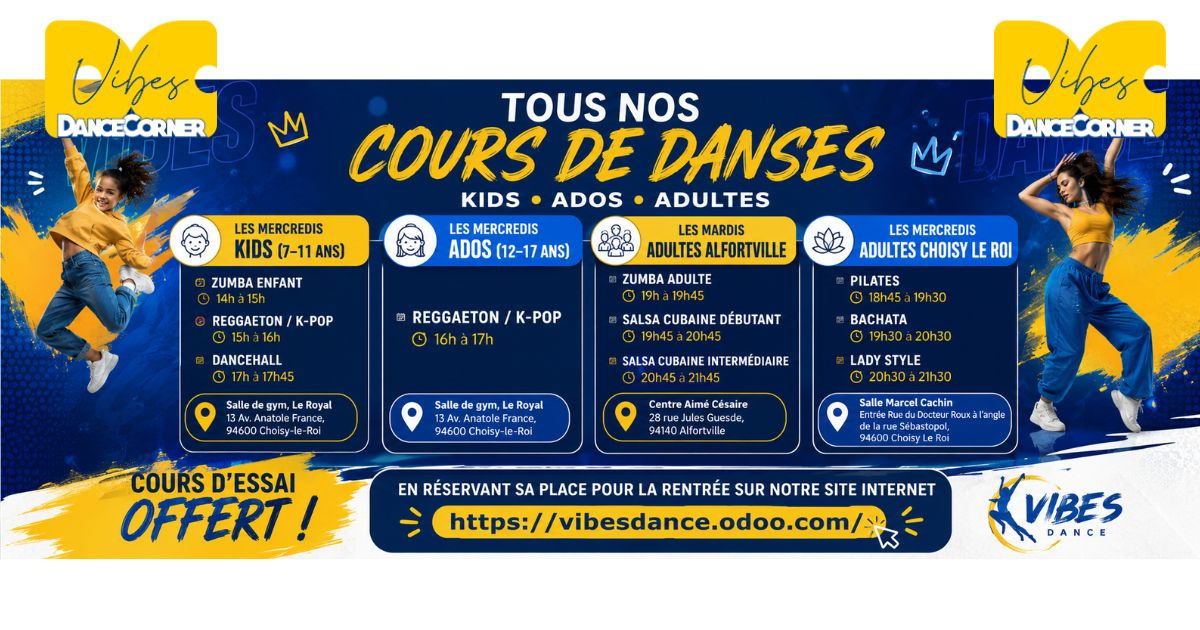Alfortville_94's tweet photo. ✨ Faites le premier pas… la piste de danse vous attend ! 💃🕺

À l'occasion de la rentrée, l'association Vibes Dance vous propose 2 soirées de cours d'essai gratuits pour découvrir la Zumba et la Salsa Cubaine à Alfortville.

📅 Mardis 8 et 15 septembre 2026
📍 Centre Aimé Césaire – 28 rue Jules Guesde, Alfortville

🕖 Au programme :
💥 19h00 – 19h45 : Zumba Adulte
💃 19h45 – 20h45 : Salsa Cubaine Débutant
🔥 20h45 – 21h45 : Salsa Cubaine Intermédiaire

👥 Ouvert à tous les adultes, que vous soyez débutant ou déjà initié, seul(e) ou à deux.

🎟 Cours d'essai offerts sur réservation, dans la limite des places disponibles.

👉 Réservez votre place dès maintenant : https://t.co/0es1zCn9yt

#AlfortvilleVilleDeBonheuretdePartage #Alfortville #Danse #Zumba #Salsa