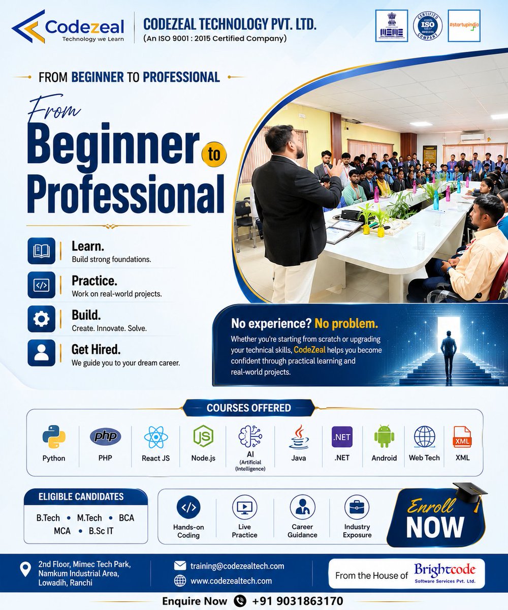 Codezealtech's tweet photo. 🚀 From Beginner to Professional with Codezeal Technology Pvt. Ltd.!

Master Python, Java, React JS, AI, Node.js &amp; more through hands-on training, live projects, and expert guidance.

📍 Mimec Tech Park, Namkum, Ranchi
📞 +91 9031863170

#Codezeal #ITTraining #Python #Java #React https://t.co/rQmA6LQEta