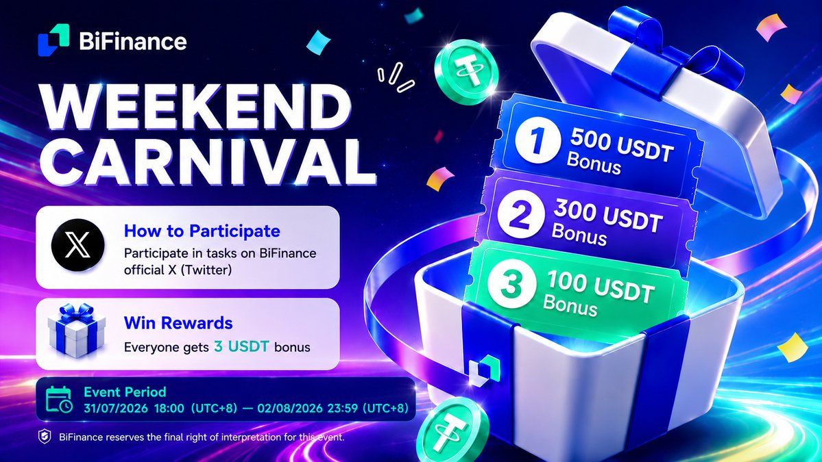 BiFinanceE's tweet photo. 🎉 BiFinance Weekend Carnival | Complete the Tasks & Everyone Wins!
The weekend rewards are here! 🔥
Complete the required tasks to receive a 3 USDT Futures Bonus, plus a chance to win up to 500 USDT in Futures Bonus rewards!
🎁 Lucky Draw Rewards

🥇 1st Prize: 500 USDT Futures Bonus
🥈 2nd Prize: 300 USDT Futures Bonus
🥉 3rd Prize: 100 USDT Futures Bonus
⏰ Event Period

July 31, 2026, 18:00 (UTC+8) – August 2, 2026, 23:59 (UTC+8)
📢 Winners will be announced every Monday.
📌 How to Participate

Follow @BiFinanceE on X
Like this post
Repost this post
Comment with your BiFinance UID
Complete all tasks to:

🎁 Receive a 3 USDT Futures Bonus (one reward per eligible user)
🎲 Automatically receive one lucky draw entry
📋 Event Rules

• Each user may participate once only.
• Each BiFinance UID is eligible for one reward only. Duplicate IP addresses are not allowed.
• Please make sure your comment contains the correct BiFinance UID.
• Users who fail to complete all required tasks will not be eligible for rewards.
• Multiple comments will not increase your chances of winning.
• Any use of bots, fake accounts, or other fraudulent behavior will result in disqualification.
• Rewards will be distributed to eligible BiFinance accounts within 3 business days after the event ends.
• Eligible participants from both the official BiFinance X account (@BiFinanceE) and the official BiFinance Chinese X account (@BiFinanceEx) will be entered into one combined lucky draw.
• BiFinance reserves the final right to interpret this event.
🎊 Complete the tasks, claim your rewards, and see if you're one of this weekend's lucky winners!

#BiFinance #Giveaway #Crypto #USDT #Trading #Web3 #WeekendCarnival #CryptoRewards