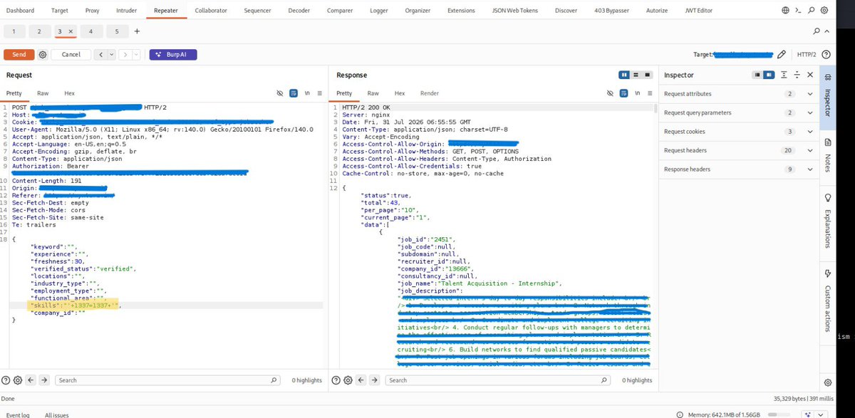 rootvuln's tweet photo. Testing an API parameter for SQLi and got some interesting results--time-based delays scaling with injected sleep values, plus a boolean true/false differential in the response.Not 100% sure this confirms SQLi or if there's another explanation. Thoughts? Screenshots below 🧵
#bug https://t.co/olVWVopAsA