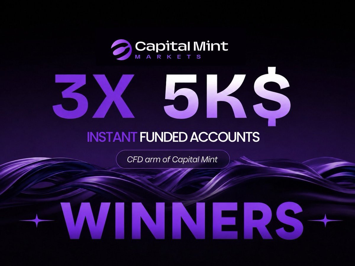 Trade_Cloud_Hub's tweet photo. 🚨GIVEAWAY🚨

Win 1 of 3 × $5,000 Instant Funded Accounts from Capital Mint Markets.

To enter:

✅ Follow @Trade_Cloud_Hub and @CapitalMintMkt 

✅ Like, repost and Tag 3 traders in the comments

✅ Sign up through our referral link: https://t.co/y0bM4c6Br7

✅ Join our Discord: https://t.co/PwTSuvieaJ

✅ Post all proofs in the comment.

Use code TCH for an exclusive discount on your purchase.

Three winners. Three instant funded accounts.

Good luck!