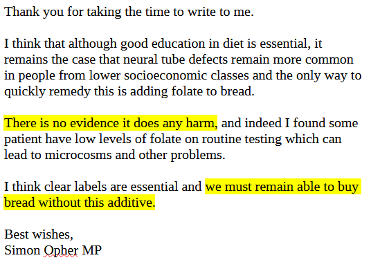 NickHunt5's tweet photo. I wrote to my MP about folic acid.  He’s also a practising GP.  I got this lazy and ill-informed reply (my highlighting).  I have suggested he take it more seriously ! https://t.co/9olAQa880C