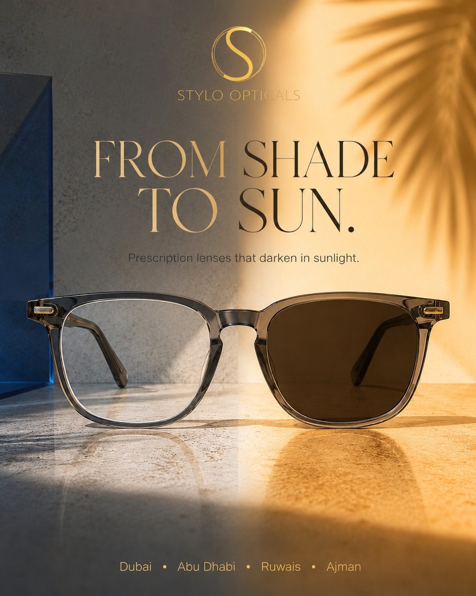 styloopticalss's tweet photo. From shade to sun. ☀️

Prescription lenses that stay clear indoors and automatically darken in sunlight, so you're ready wherever the day takes you.

Discover photochromic lenses at Stylo Opticals.

📍Dubai • Abu Dhabi • Ruwais • Ajman

#StyloOpticals #PhotochromicLenses https://t.co/ugSzUxv1e3