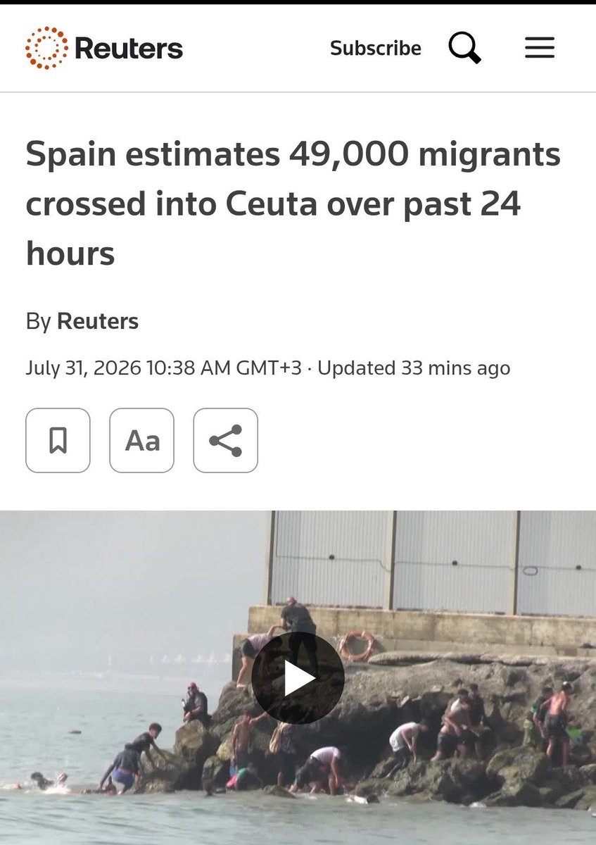 MorEdge_Insight's tweet photo. Thousands of Moroccans have stormed into Cueta, and now full truckloads of even more are arriving to the border to join in and cross over, all while the Moroccan police watch and direct traffic. 

There are only 80000 Spanish residents in Cueta. In just 24 hours almost 60% of that number have flooded in from Morocco 

H/T Abu Ali Express