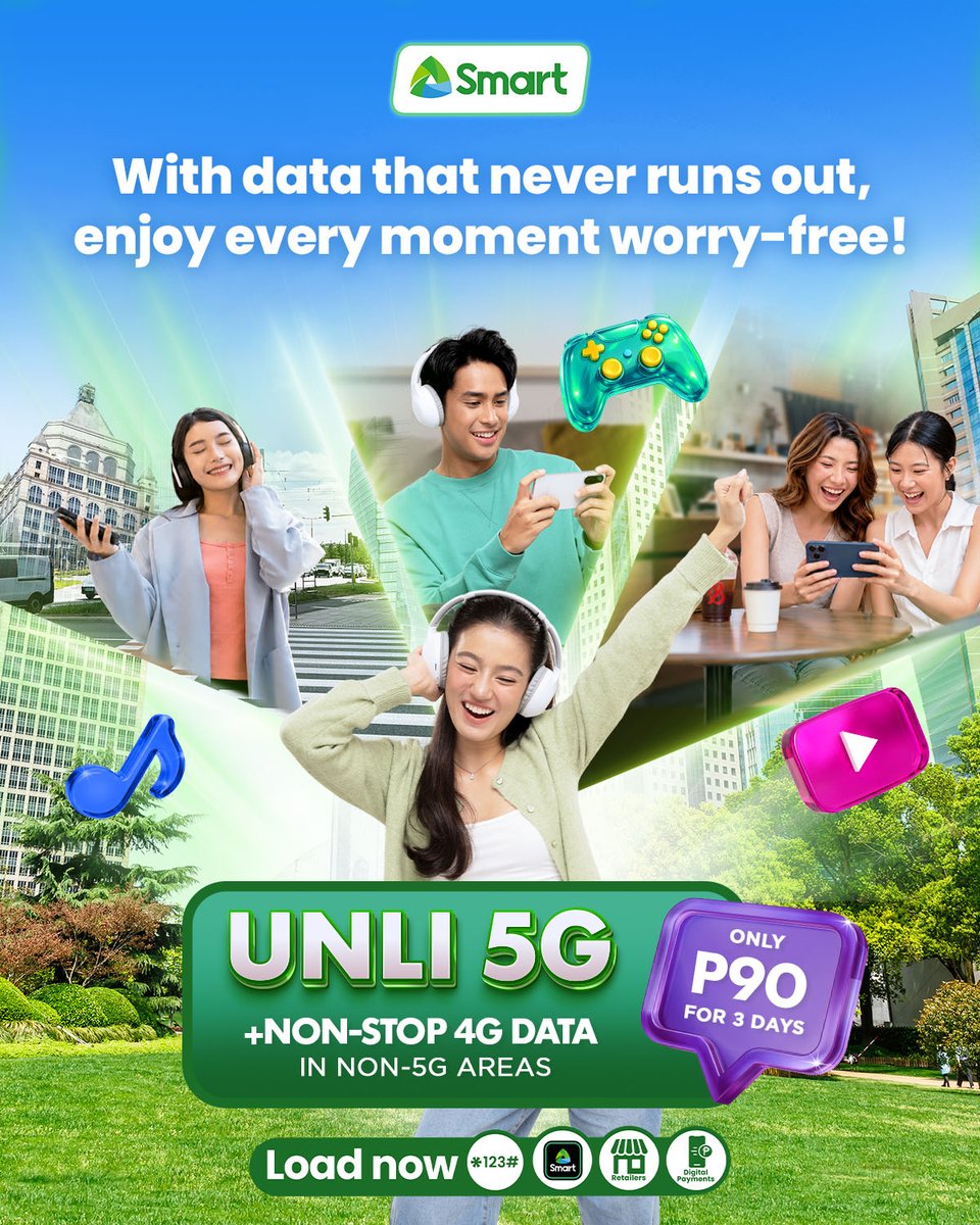 LiveSmart's tweet photo. When your data doesn’t run out, that’s one less thing to worry about. 💚 

With UNLI 5G plus non-stop 4G data in non-5G areas, you can stream, game, scroll, and stay connected to what matters. 

Get it for only ₱90, valid for 3 days! 

Load now: https://t.co/8j0NtRpZz2 https://t.co/YrfYCW5dm4