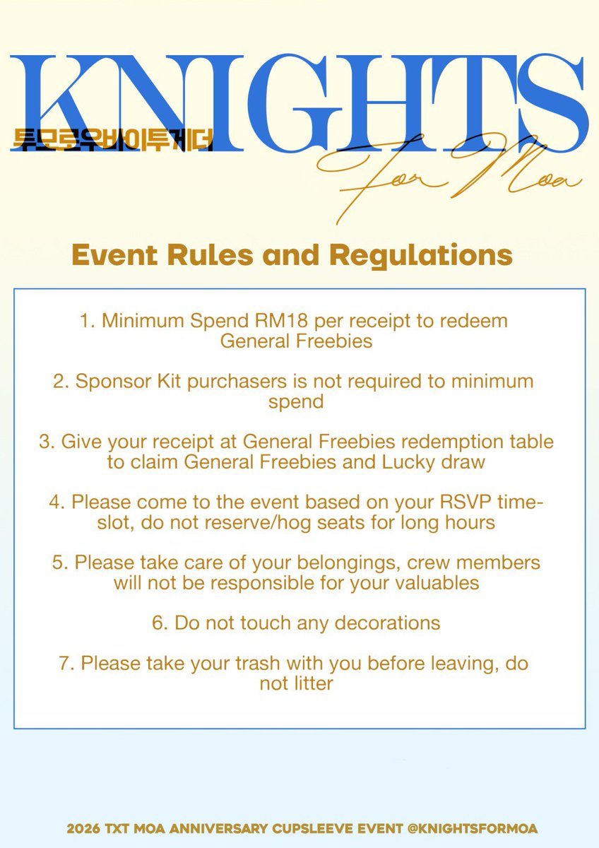 knightsformoa's tweet photo. ── ⋆⋅☆⋅⋆ ──
D-1 ☆

Event rules and regulations ☆

Please take note that Lalaport may be crowded due to other ongoing events, please plan your travels ahead of time. 

See you, Moas ☆

#KnightsForMoa
#TXTatFirstLight https://t.co/u7oCWpmp1V