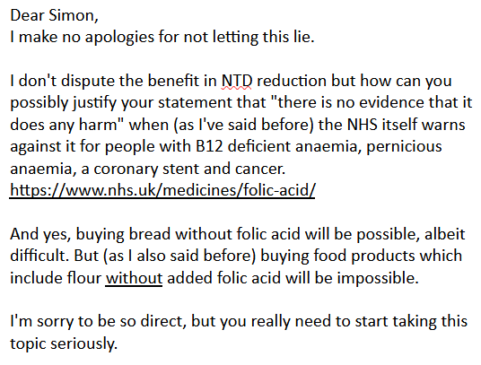 NickHunt5's tweet photo. I wrote to my MP about folic acid.  He’s also a practising GP.  I got this lazy and ill-informed reply (my highlighting).  I have suggested he take it more seriously ! https://t.co/9olAQa880C