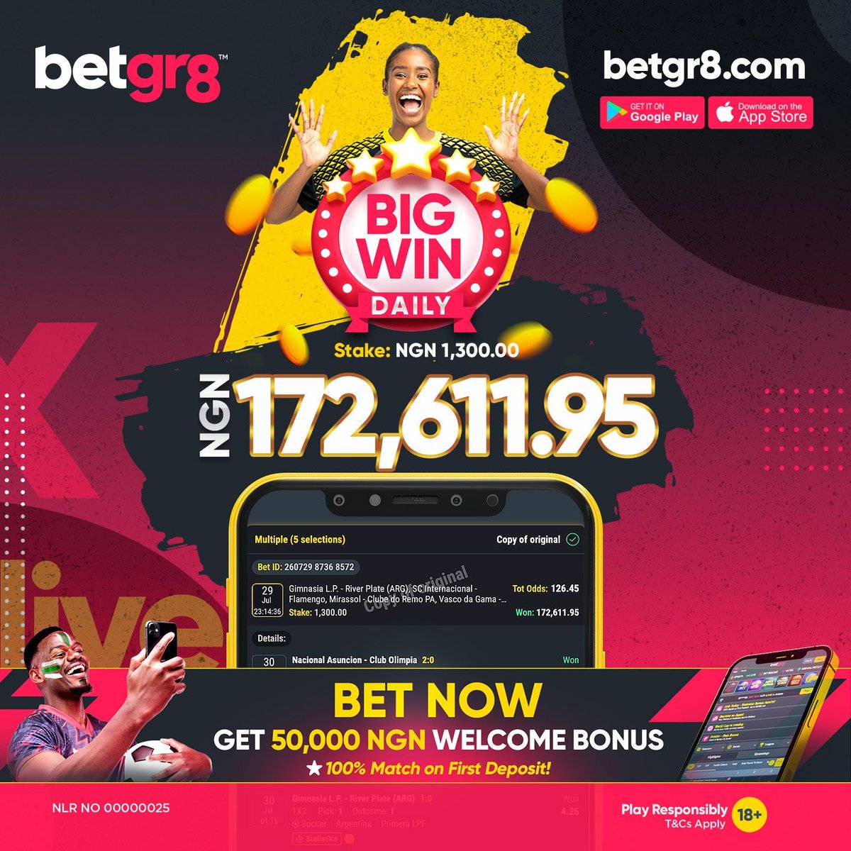 Betgr8Nigeria's tweet photo. Congratulations to our GR8 champ! Join the winning team with GR8 ODDS, daily wins, and bigger payouts!

View Ticket 📲 https://t.co/oDt4nj1i0z

Be Great. Bet Great!

18+ | Play Responsibly | T&amp;Cs apply 
#BigWin #LiveBetting #Betgr8 #Football #Begr8 https://t.co/W4ALlAKzel