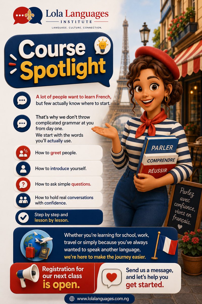 Lola_Languages's tweet photo. A lot of people want to learn French, but few actually know where to start.

We start with the words you’ll actually use.

📍How to greet people.

📍How to introduce yourself.

📍How to ask simple questions.

Registration for our next class is open, send us a message. https://t.co/BvgpJn8xdd