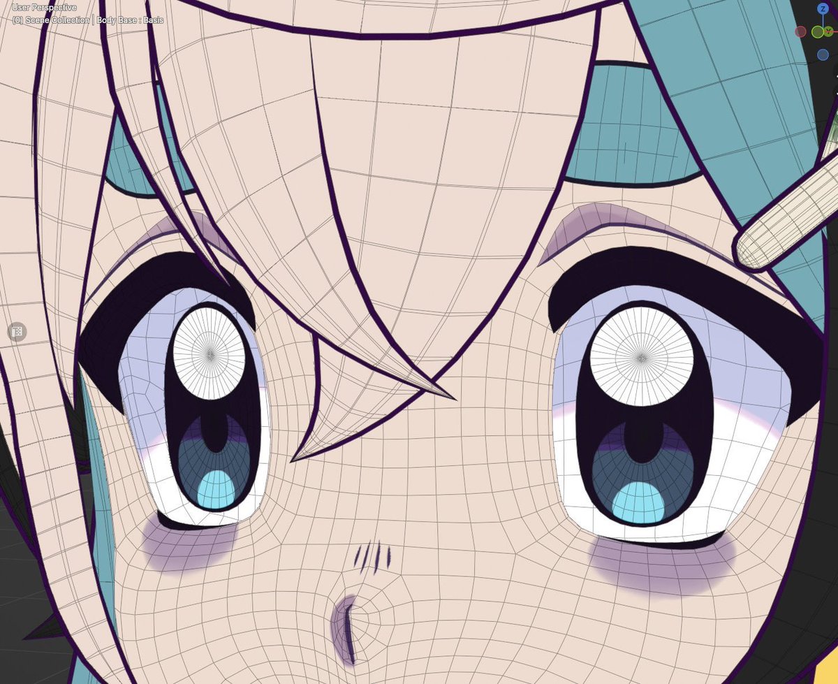 MVjagaimo's tweet photo. How to make your anime models look "clean" and high quality even when close up: 

One technique I use is using dedicated topology and UVs to cleanly delineate the outline for places like eyebrows and lip lines! https://t.co/ca5ODiSvcH