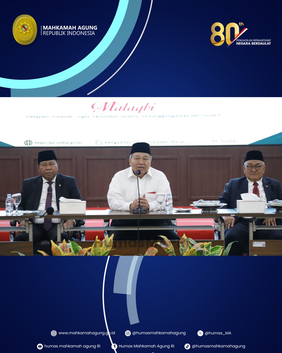 Humas_MA's tweet photo. Acara Pembinaan Umum Wakil Ketua Mahkamah Agung Bidang Yudisial Bagi Jajaran Badan Peradilan se-Wilayah Sulawesi Barat, Mamuju, 27 Juli 2026.

Silahkan kunjungi website resmi Mahkamah Agung RI di https://t.co/dPhd7WjJR5 untuk melihat berita terkait atau berita lainnya. https://t.co/SPCZ1Mr6pd