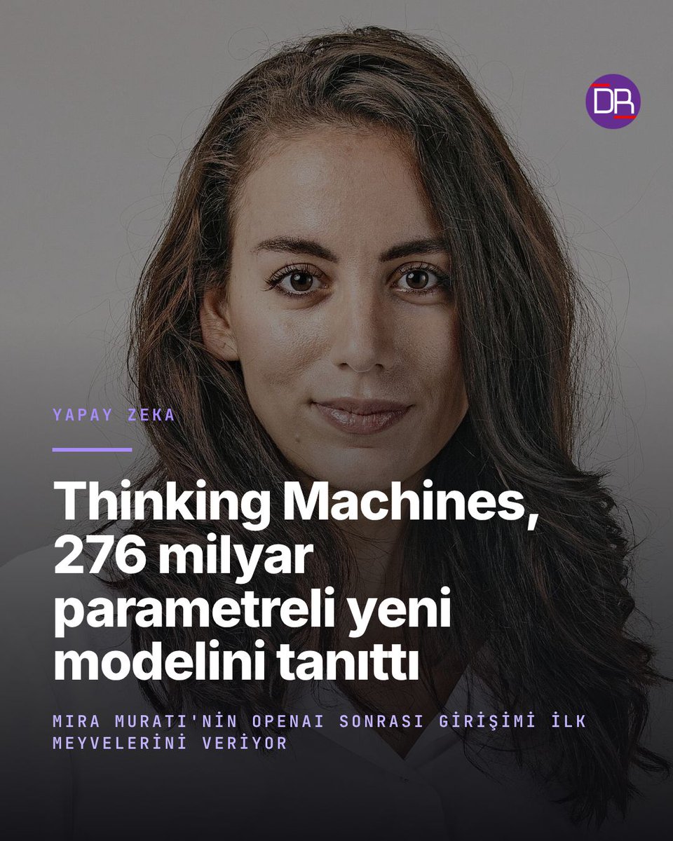 DigitalReportTR's tweet photo. OpenAI’dan ayrılan Mira Murati’nin kurduğu Thinking Machines Lab, ilk açık ağırlıklı modeli Inkling’i tanıttı. Model, 975 milyar toplam ve her işlemde 41 milyar aktif parametre kullanıyor. [1/4] https://t.co/E6CnLaH21z