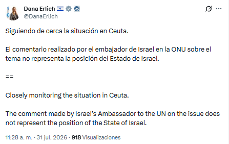 ACOM_es's tweet photo. "El comentario realizado por el embajador de Israel en la ONU sobre Ceuta NO REPRESENTA LA POSICIÓN DEL ESTADO DE ISRAEL".

Dana Erlich, Jefa de Misión del Estado de Israel en España.