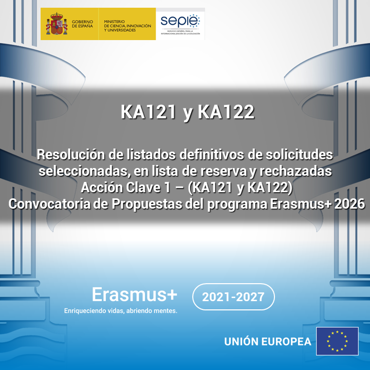 sepiegob's tweet photo. 📢 Publicados los listados definitivos de solicitudes seleccionadas, en lista de reserva y rechazadas de la Acción Clave 1 – Movilidad para el aprendizaje de las personas (KA121 y KA122).

Convocatoria #ErasmusPlus 2026 🇪🇺.
🔗 https://t.co/LGclZslRzu https://t.co/bCeCpgFPID