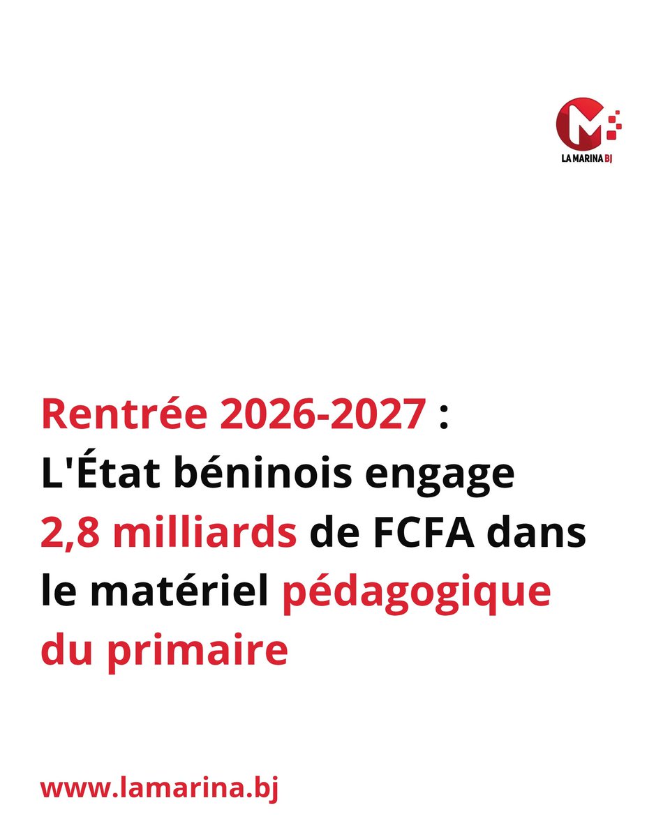 laMarinabj's tweet photo. Rentrée 2026-2027 : L’État béninois engage 2,8 milliards de FCFA dans le matériel pédagogique du primaire

À un peu plus d’un mois de la rentrée scolaire, le gouvernement béninois a mis les bouchées doubles pour garantir la disponibilité du matériel (..)⬇️
https://t.co/z2COkXkuyW https://t.co/7Xqb5tA8bW