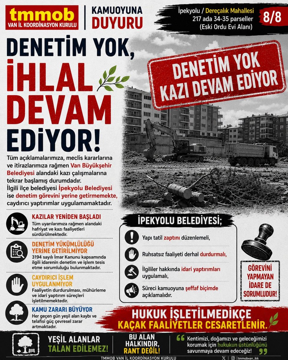 tmmobvanikk's tweet photo. Denetim yoksa hukuksuzluk büyür. Tüm uyarılarımıza rağmen kazılar yeniden başladı. İpekyolu Belediyesi denetim ve yaptırım sorumluluğunu yerine getirmelidir. Bu alan rantın değil, Van halkınındır.

@ipekyolubeltr @cnnuzunay @SapkaciTahir https://t.co/mGb04qW5lg